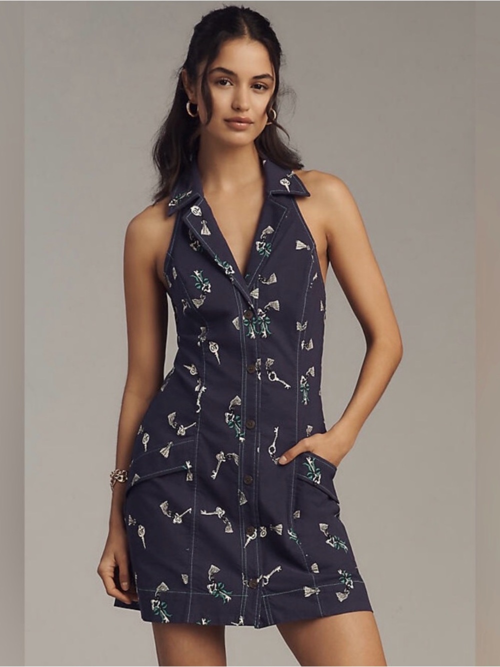 Anthropologie Navy Sleeveless Key & Floral Print Dress